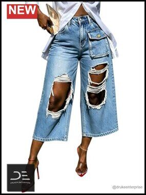 Ripped Cargo Jeans Baggy Wide Leg Destroyed Capri Denim Pants High Waist